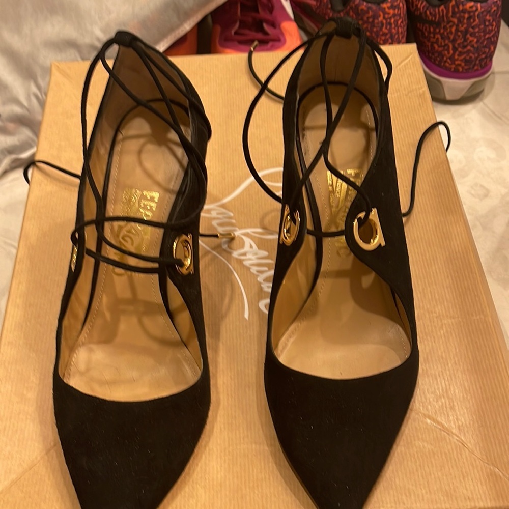 Black suede tie around your ankle ferragamo pumps
